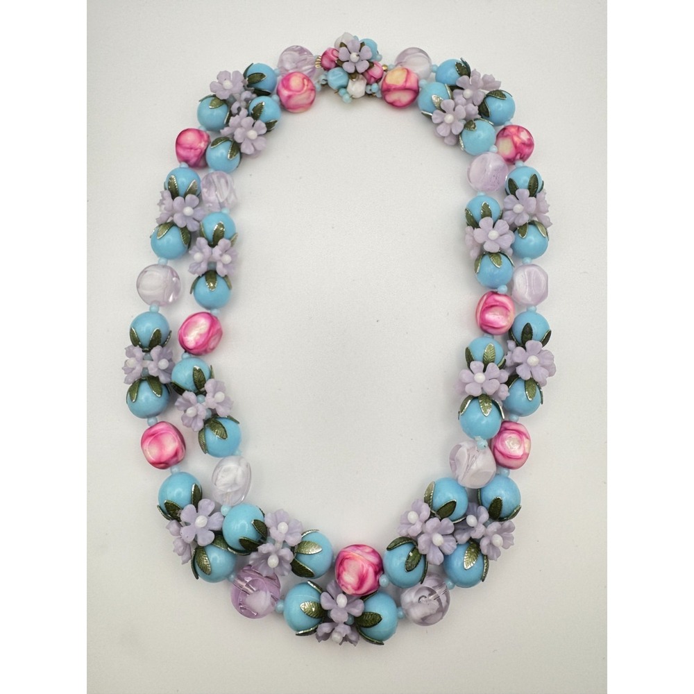 Vintage Fruit Salad Necklace Plastic  Flower Blue Pink Lavender